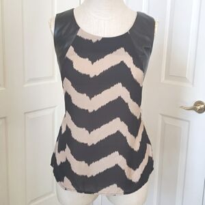 Anthropologie ADIVA Black Tan Faux Leather Sleeveless Top Chevron Exposed Zipper